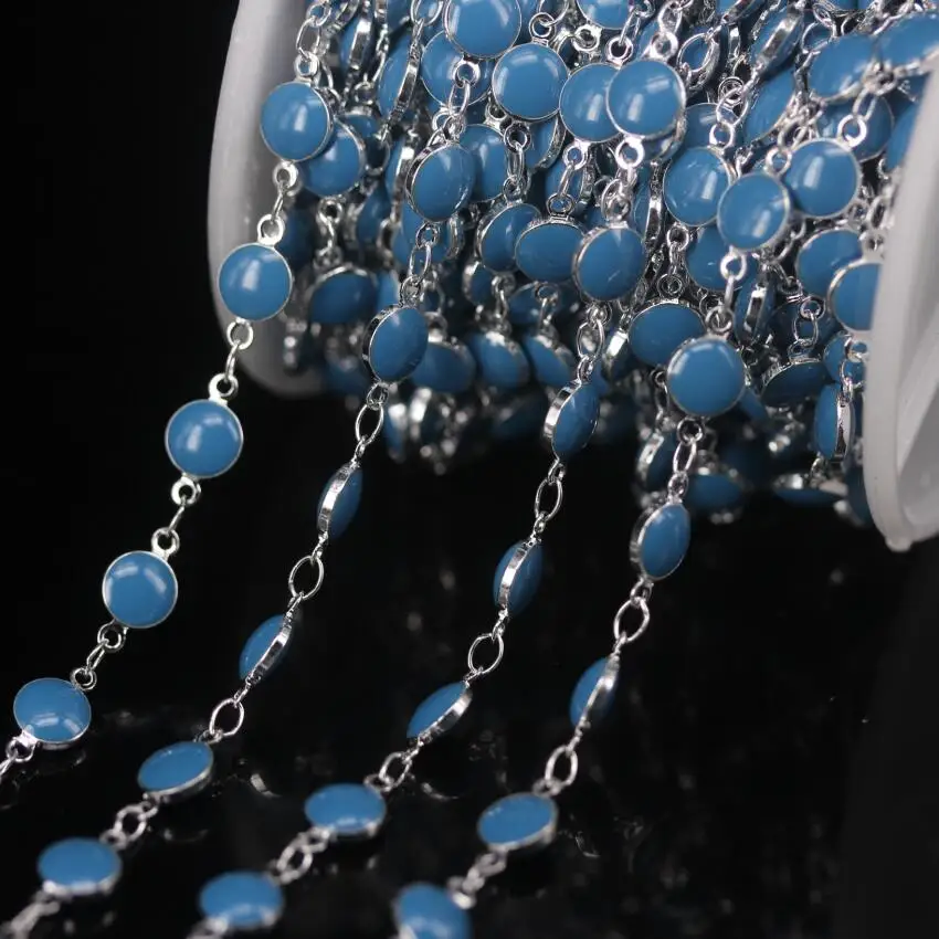 

5Meter/Lot Silver Plated Copper Rosary Chain,6mm Turquoises Blue Lampwork Beaded,Enamel Glass Coin Chains,DIY Chokers Necklaces