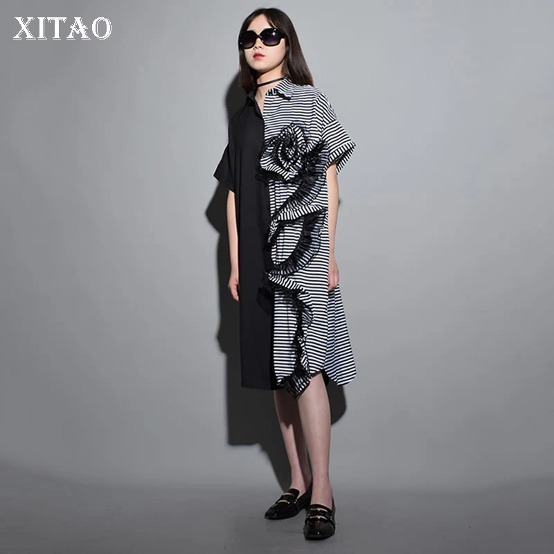 XITAO, черное Летнее Длинное платье для женщин, в полоску, размера плюс, в стиле пэчворк, с рюшами, асимметричное, миди платье, элегантное, повседневное, индивидуальное, KZH969