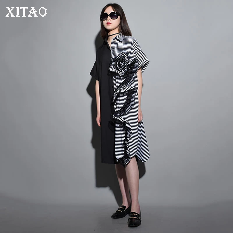 Женское длинное платье XITAO, черное Повседневное платье средней длины в полоску с рюшами, большие размеры, KZH969 Женское длинное платье XITAO, черное Повседневное платье средней длины в полоску с рюшами, большие размеры, KZH969