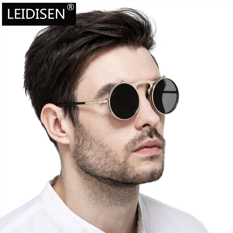 

LEIDISEN 2019 Sunglasses Metal New Pattern Classic Retro Brand Designer Vintage Punk UV400 Circular Sun Glasses 3057