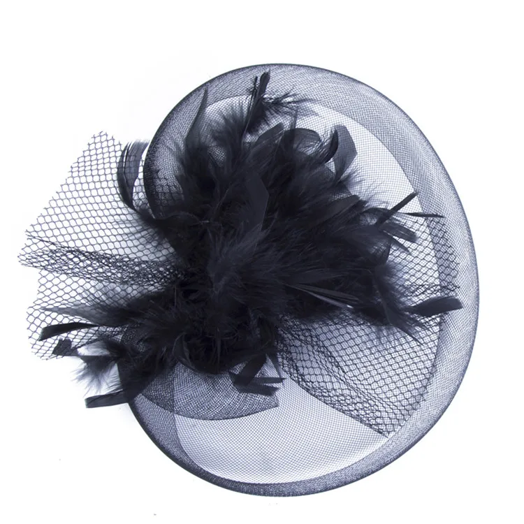 AWAYTR, Женская шикарная шляпа-чародей, Коктейльная Свадебная вечеринка, церковный головной убор, модный головной убор, причудливые перья, черные аксессуары для волос - Цвет: Черный