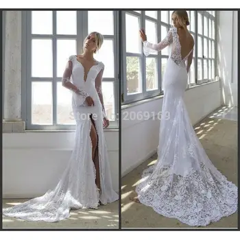 

vintage backleess white wedding dresses with train 2020 long sleeve appliques mermaid high slit Bridal Gown for wedding party