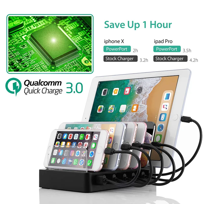 Продажа Зарядная станция с быстрой зарядкой QC 3,0, быстрый 6 Порты и разъёмы док станция, зарядка через usb станция для нескольких устройств, телефоны, п...