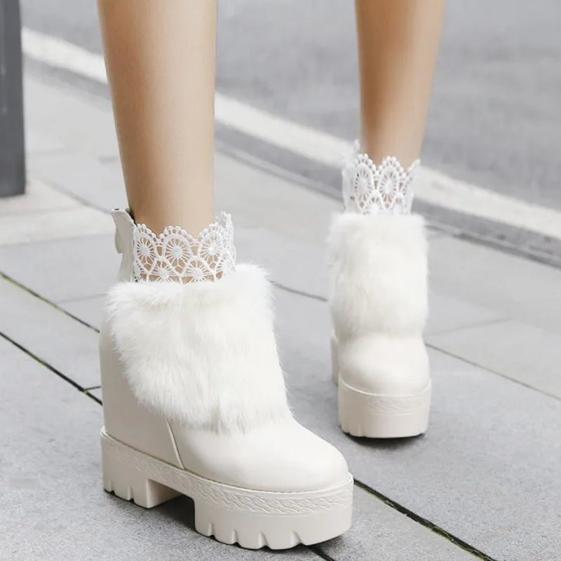 

New Arrive Ankle Boots With Fur Fashion Platform Shoes Women High Boots Waterproof Winter Boots Woman High Heels