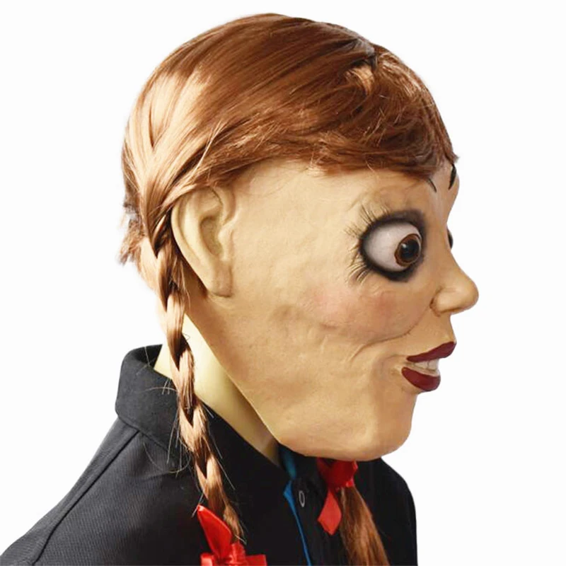 Фильм Аннабель приходит домой Косплей Маска латекс страшная кукла полная голова волосы взрослых костюмы на Хэллоуин реквизит головные уборы