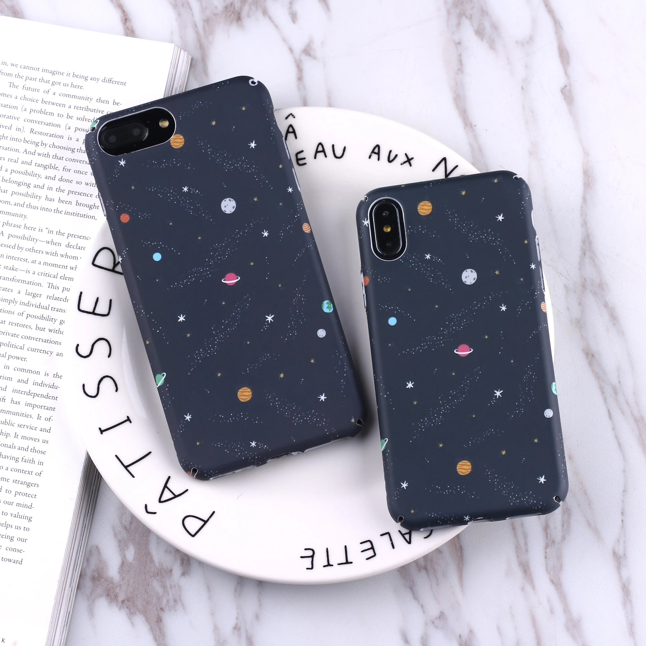 

Geometric Graphic Airship Astronaut Stars Moon Pattern Case For iPhone 6 6S 7 7Plus 8 8Plus X 3D luminous Hard PC phone Case