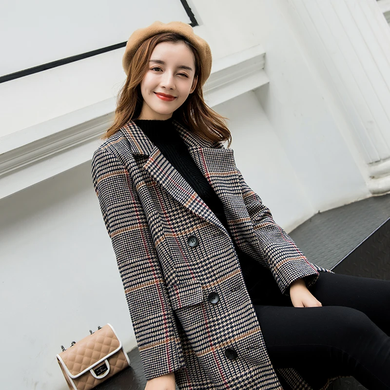 Long Tingfly Laine Classique Manteaux Picture Automne Chaud Col Manteau Boutonnage As Down 2xl Casual En Hiver Turn Plaid Mélanges Femmes Double rXZqdrw
