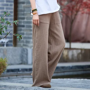 

cotton linen women's new products national wind retro double bamboo women's trousers straight leg pants