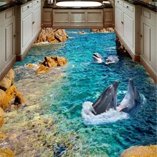 Modern sticker 3D floor mural HD stone dolphin coast non-slip waterproof thickened self-adhesive PVC Wallpaper floor painting