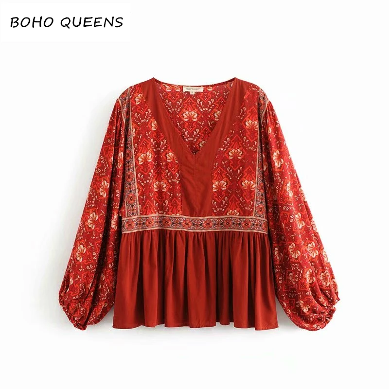 

Vintage chic fashion women bohemian floral printed deep v-neck Boho blouse shirts batwing sleeve shirts female elegant blusas
