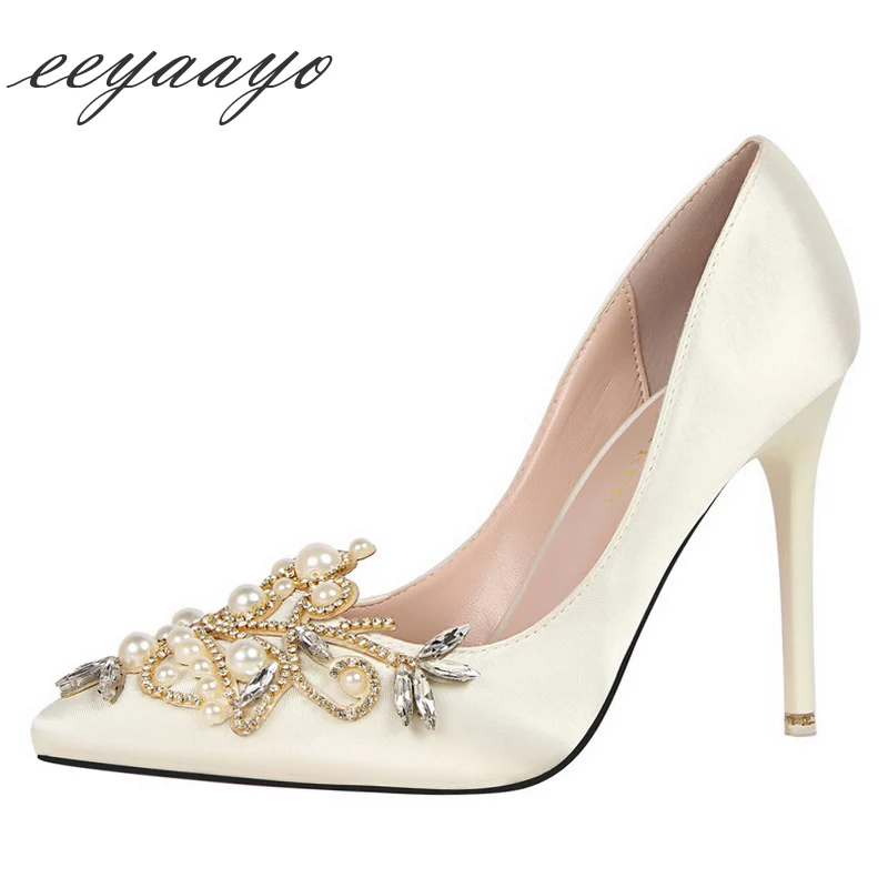 

2019 New Spring/Autumn Women Pumps High Thin Heel Pointed Toe Shallow Elegant Party Crystal Pearl Women Shoes White High Heels