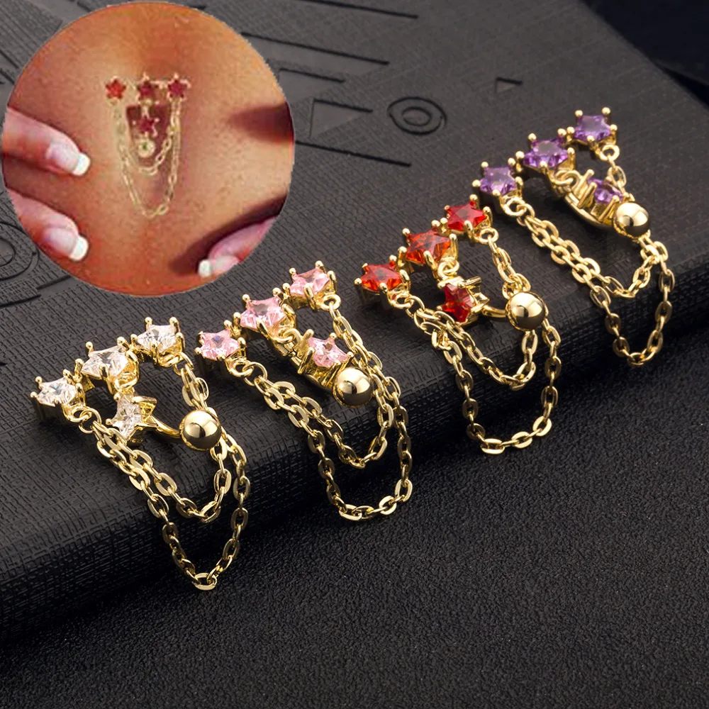 Gussiarro золото-цвет пупка пятиконечная звезда цепь красный прозрачный розовый кольцо с фиолетовыми кристаллами Percing пупка кольца ювелирные изделия для тела