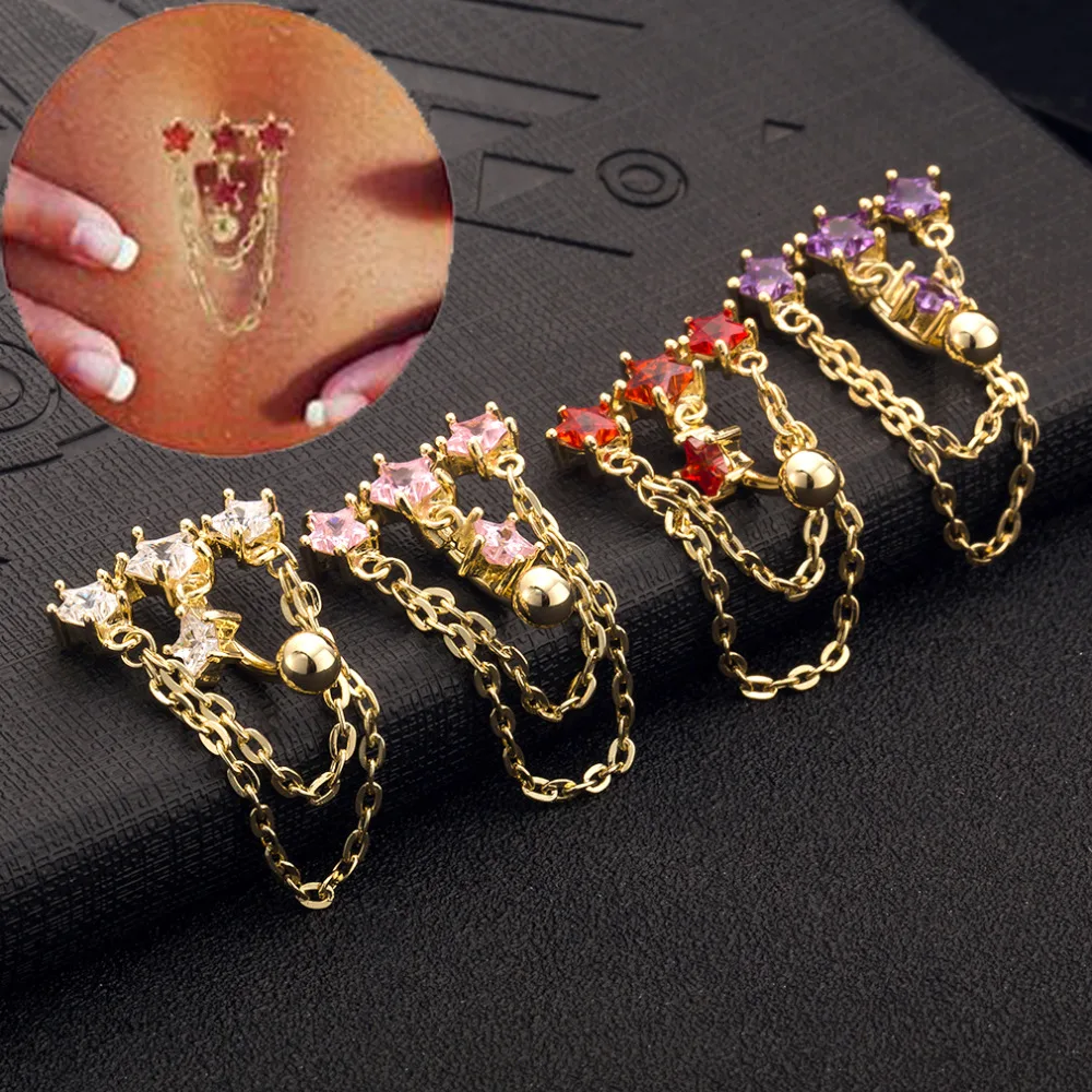 

Gussiarro Gold-color Navel Five-pointed star Chain Red Clear Pink Purple Crystal Ring Percing Belly Button Rings Body Jewelry