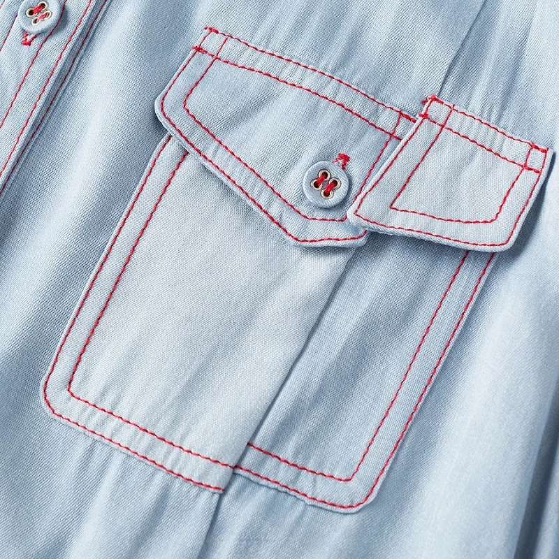 2019 Summer Fashion Denim Dress High Quality Women Turn-down Collar Red Color Block Stitch Bust Pockets Blue Jeans Dress Ladies