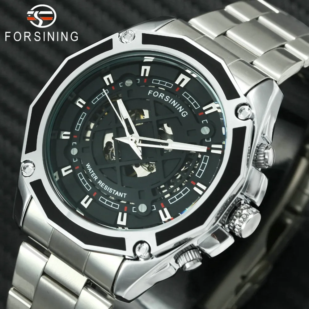 

FORSINING 2018 Fashion Waterproof Watch Men Skeleton Mechanical Automatic Watches Luminous Hands Stainless Steel Male Wristwatch