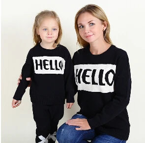 Семейная с буквами надписями «HELLO» и «BYE» и плотные свитеры Костюмы для мамы, папы, дочки, сына, матери комплекты одежды зимние «Мама и я», наряды - Цвет: Черный