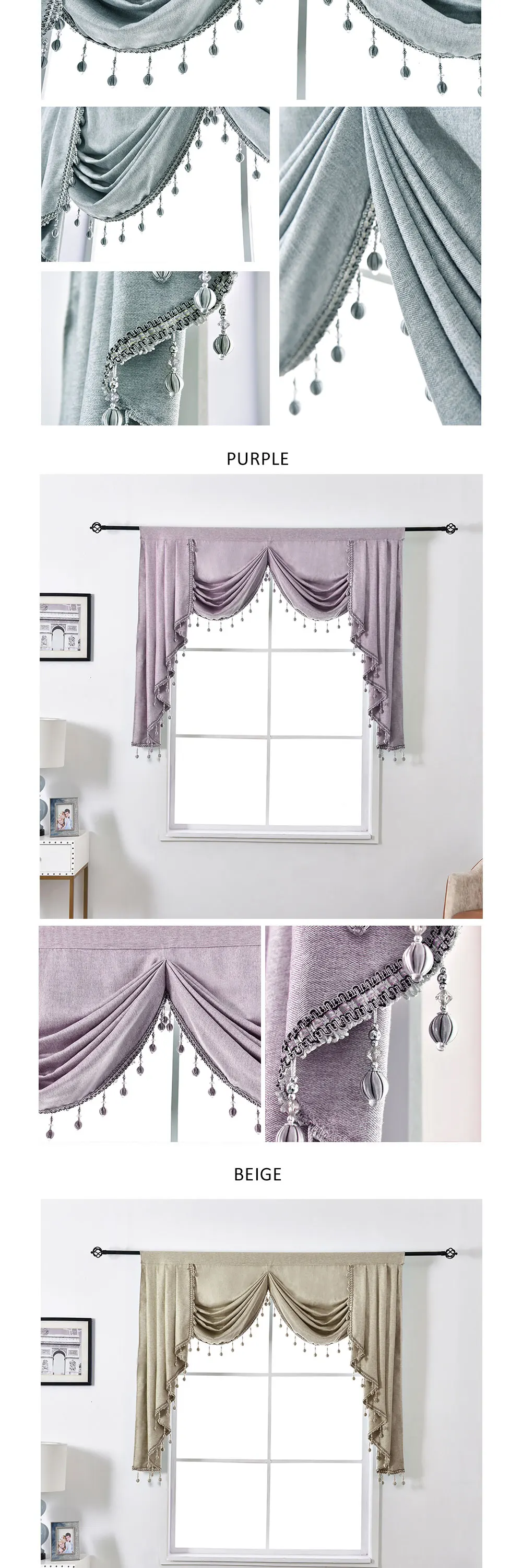 LOZUJOJU European Short Curtain Solid Color Valance Rustic Home Decor Drops for Bedroom Windows Thread Fabric Beads Match Luxury (2)
