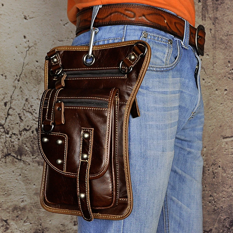 

Top Quality Genuine Real Leather men vintage Hook Small Messenger Belt Bag Waist Pack Bag 2141