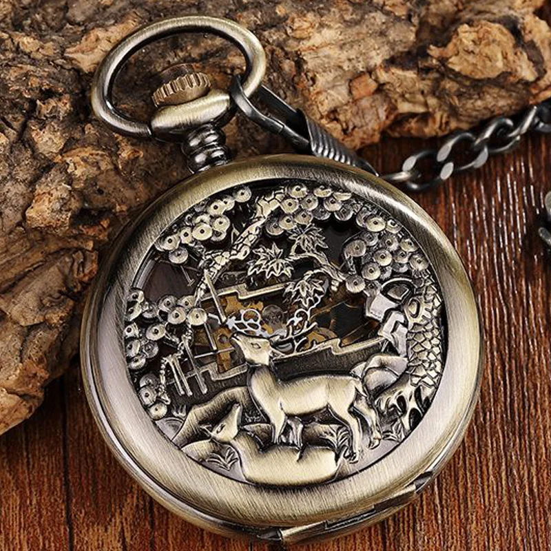 Bronze Deer Flowers Case Mechanical Pocket Watch Men Retro Big Dial Hand Wind Watch Skeleton Steampunk 1