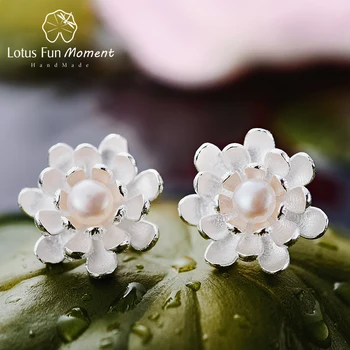 

Lotus Fun Moment Real 925 Sterling Silver Natural Pearl Original Fashion Jewelry Blooming Lotus Stud Earrings for Women Brincos