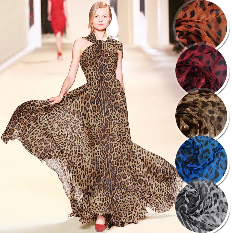 

1 meter printed chiffon fabric for sewing pure Mulberry silk fabrics width 51 inches tissu cloth leopard print DIY 1825