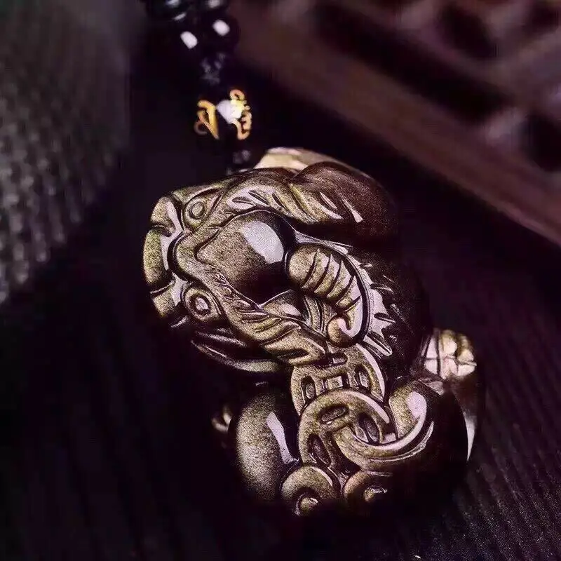 Genuine Natural Gold Obsidian Pendant Pi Xiu Shape Necklace Bracelet Pendants Gold Flash 43x23mm AAAAA (2)