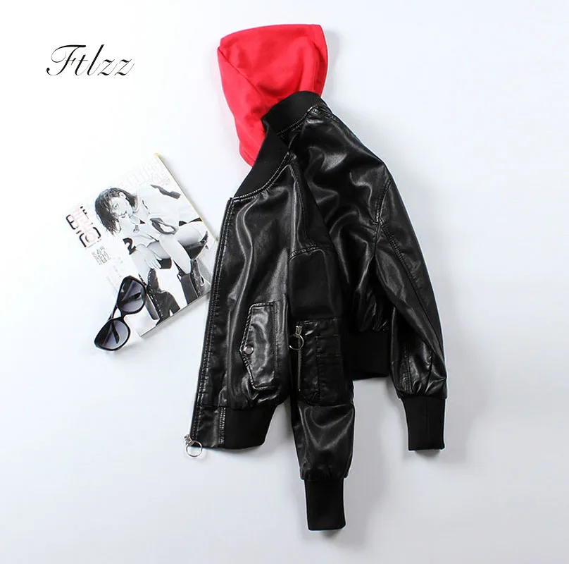 

Ladies' Leather Jackets 2018 New Spring Autumn Bikers Short Coats Women Causal Long Sleeved Hooded Red Faux Leather Jackets