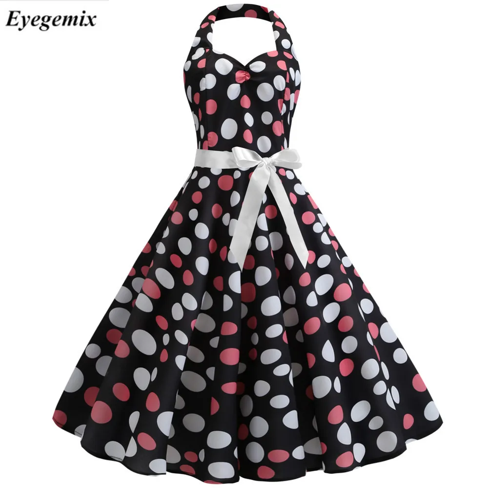 

Sexy Halter Party Dress 2019 Retro Polka Dot Hepburn Vintage 50s 60s Pin Up Rockabilly Dresses Robe Plus Size Elegant Midi Dress