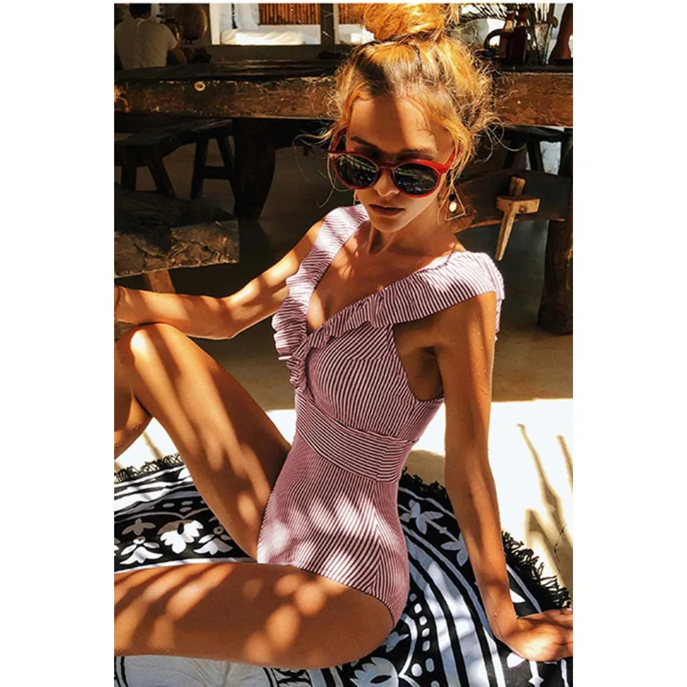 2019 مثير قطعة واحدة ملابس السباحة الإناث النساء V الرقبة الاستحمام دعوى مخطط الشاطئ ارتداء تكدرت ارتداءها عالية الخصر Monokini