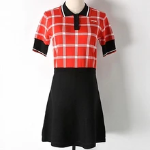 New Contrast Color Check PL Lapel Knit Dress Stitching Short-sleeved Head Slim Fashion Trend Waist Women New Contrast Color Check PL Lapel Knit Dress Stitching Short-sleeved Head Slim Fashion Trend Waist Women
