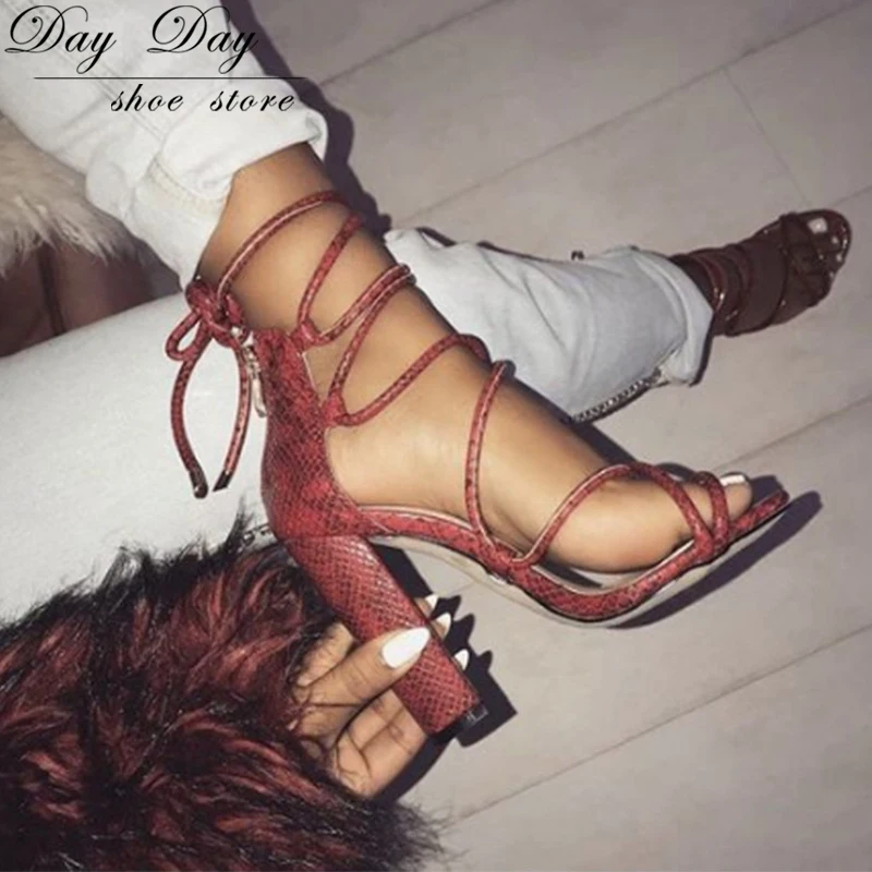 

Women's Sandals Snakeskin Pattern Thick High Heels Leaky Toe Ankle Cross Strap Sexy Female Nightclub Party Shoes Ladies Sandals
