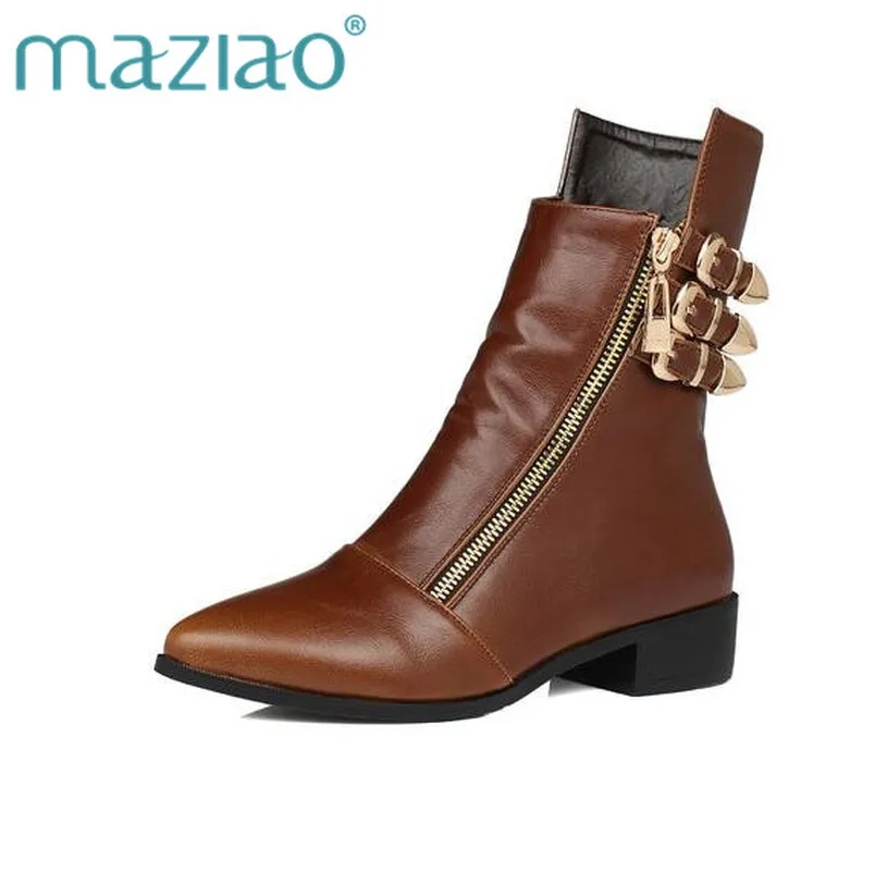 

MAZIAO 2018 Autumn/Winter Ankle Women Boots Chelsea Boots Zipper Metal Decoration Low Heels Thick Heels Pointed Toe Women Shoes