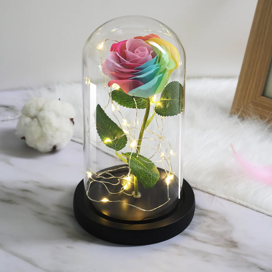 LED Lamp In Flask Glass Dome Artificial Flower with Eternal Battery Natural Real Madrid for Wedding Mother's Day Birthday Gift