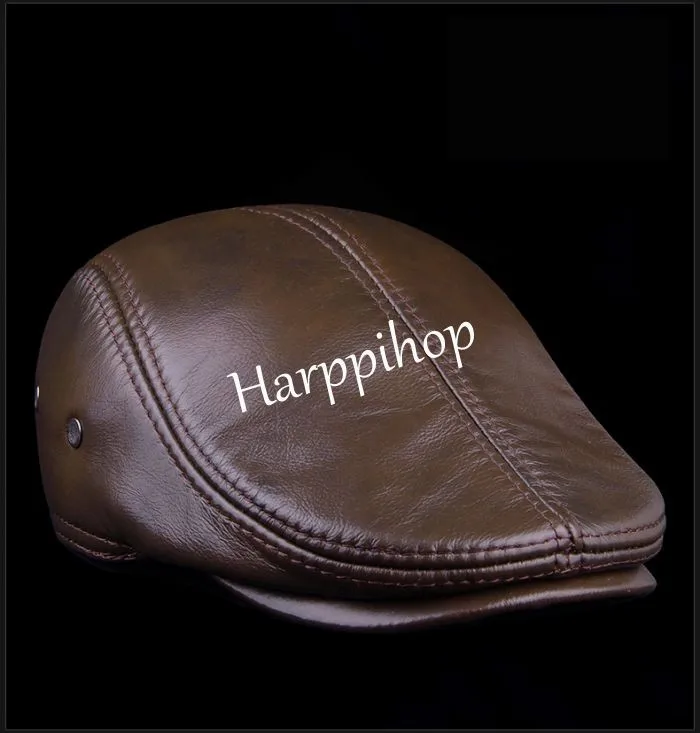 2019 New Design Men's 100% Genuine Leather  Cap brand Newsboy /Beret /Cabbie Hat/ Golf Hat winter warm hats with ears wool beret mens
