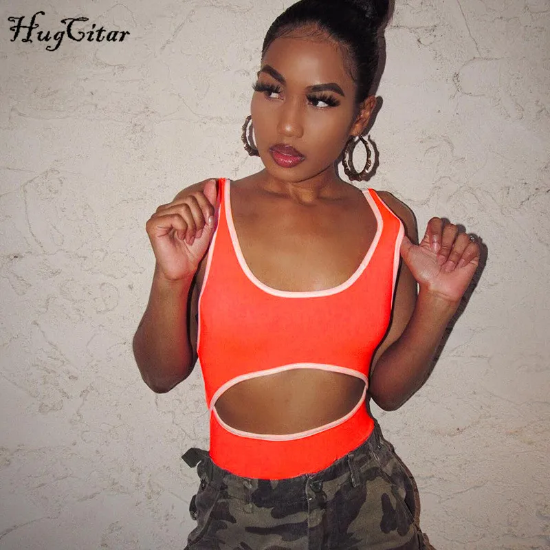

Hugcitar neon green patchwork hollow out sexy bodysuit 2019 summer women fashion sleeveless club streetwear bodycon body