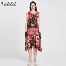 ZANZEA Women Fashion Sleeveless Loose Pockets A Line font b Dress b font Casual Crew Neck