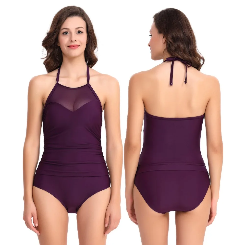 

Women's Monokini Halter High Neck Sheer Mesh Ruched Swimwear Two Pieces Swimsuits Tankini Sets High Waisted Backless Bikini