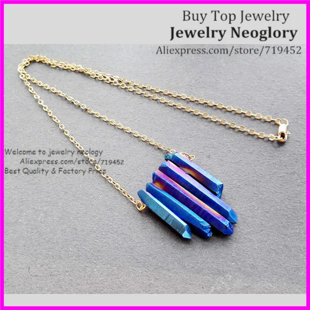 

5pcs Raw Rainbow Blue Titanium Aura Quartz Spike Necklace, Rough Druzy Point Arrow Boho Crystals with Gold Brass Chain