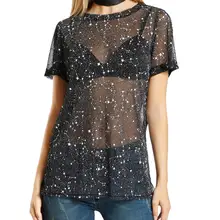 Женская летняя модная Сексуальная футболка с круглым вырезом, прозрачные марлевые футболки с коротким рукавом