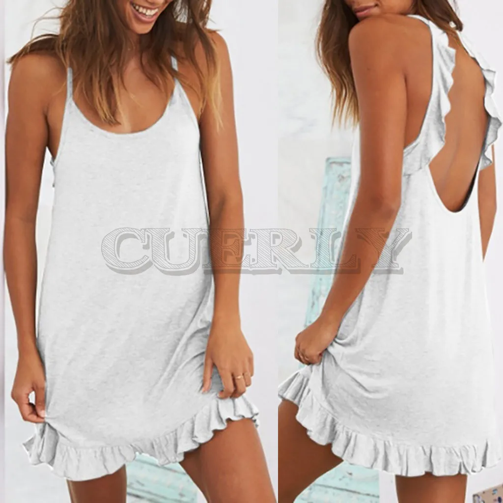 Image Summer Strappy Short Mini Dress Backless Sleeveless Loose Casual Beach Dress Women Lady Evening Party Dress CUERLY de festa