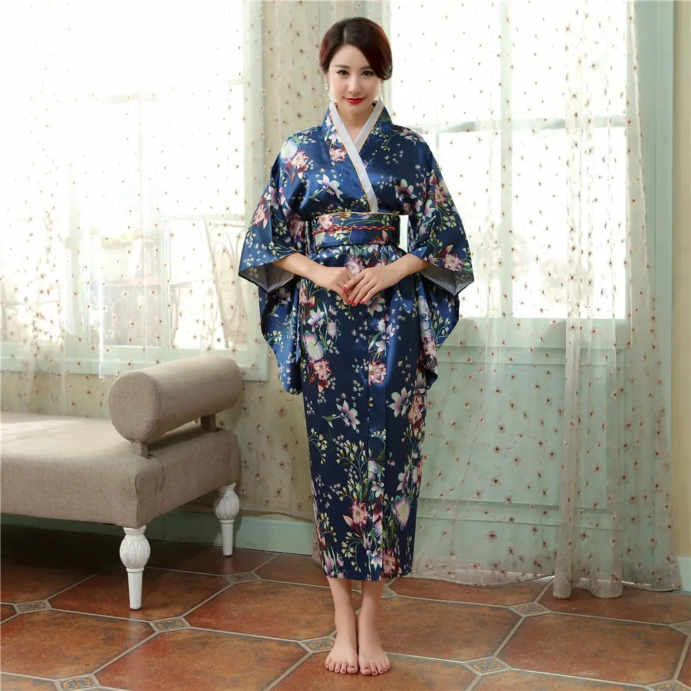 

New Print Japanese Tradition Women Satin Kimono Gown Vintage Yukata With Obi Performance Dance Dress Halloween Costume One Size