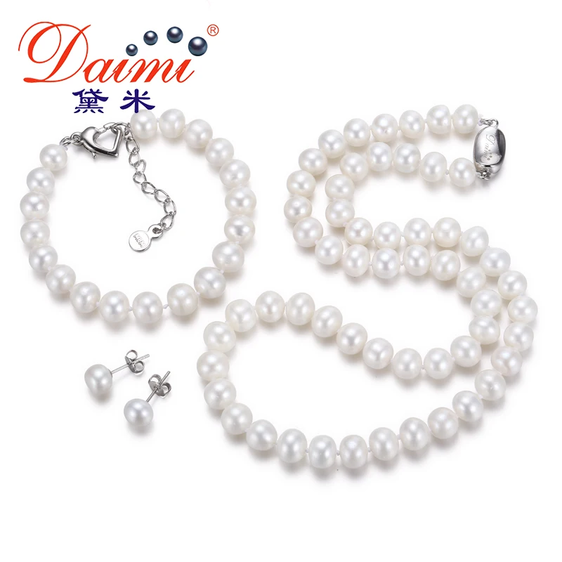 

[DAIMI] Single Choker Necklace Sets, 8-9mm Nearly Round River Pearl, Necklace Bracelet Earrings, Jewelry For Wedding