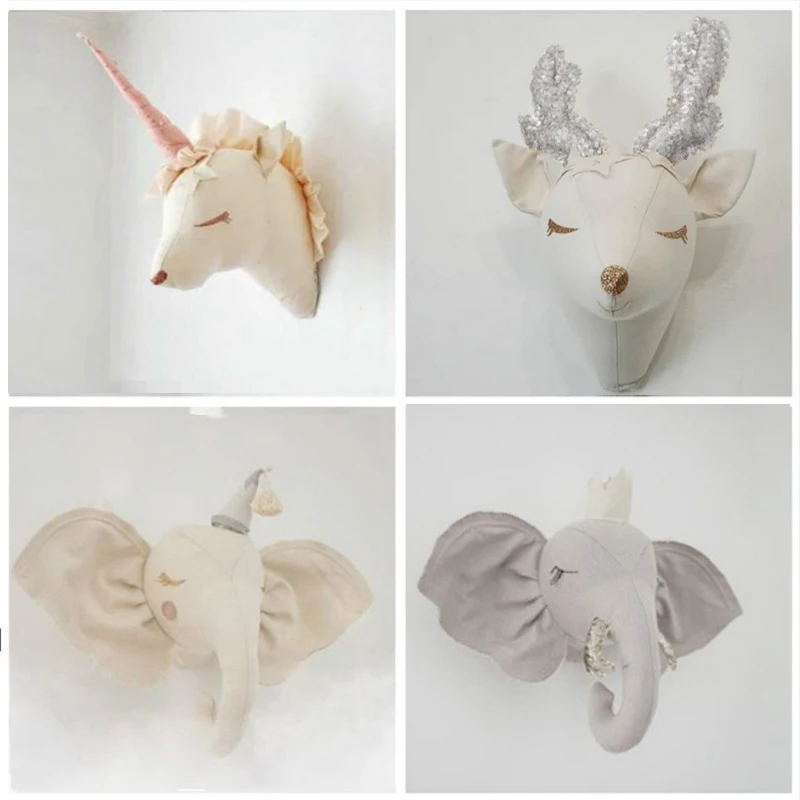 

Nordic Animal Head Wall Decor for Nursery Stuffed Elephant Unicorn Deer Toys Wall Mount Kids Room Wall Hanging Baby Shower Gifts