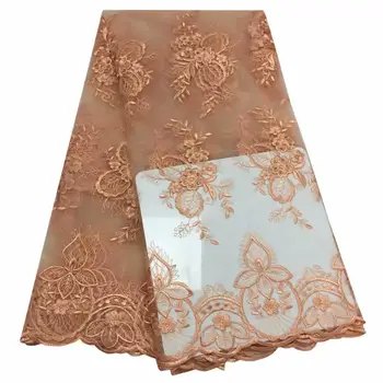 

2019 Latest African Net Lace Fabric, High Quality Orange 3d Flowers Nigerian Wedding Lace Fabrics 5 Yards French Tulle lace