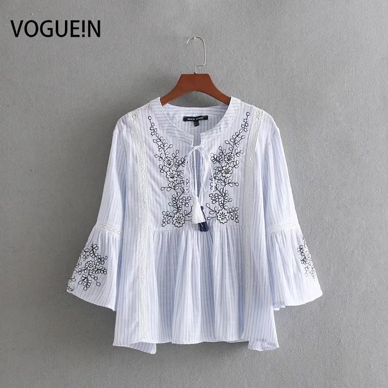VOGUEIN New Womens Floral Embroidered Striped Tassels Flare Sleeve