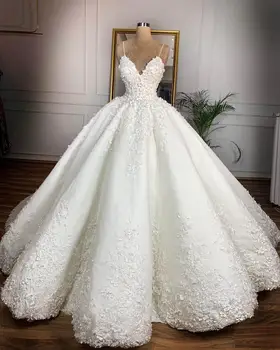 شراءخمر الدانتيل الأزهار الكرة ثوب فساتين الزفاف Casamento رومانسية الخامس الرقبة الدانتيل يصل حجم كبير فستان عروس Gelinlik الزفاف