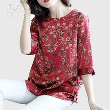 Женская летняя и весенняя богемная футболка с цветочным принтом зеленого и красного цвета из натурального шелка, топы размера плюс с рукавом 1/2, стрейчевая шелковая Футболка camisa ropa LT2263