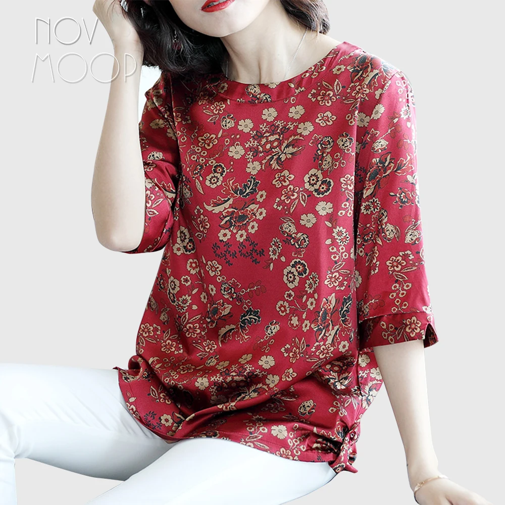 

Women summer spring boho floral print green red natural silk t shirt tops plus size 1/2 sleeve stretch silk camisa ropa LT2263