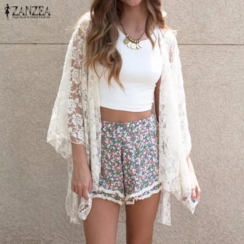 Achat ZANZEA 2018 Femmes Kimono Cardigan D été Dentelle Crochet Sexy Creux Out Blouses Chemises Plage Survêtement Blusas Vente Chaude