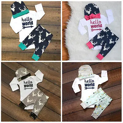 

2016 Newborn Baby Clothes 0-24M Infant Toddler Boys Girls Long Sleeve Bodysuit Romper Pant Hat 3pcs Outfit Clothing Set